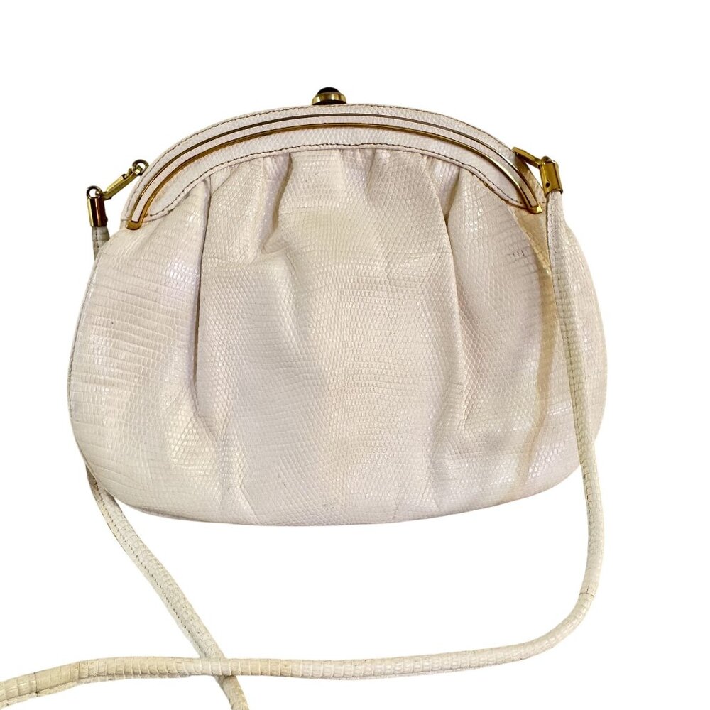 Vintage Walter Katten Womens White Snakeskin Leather Gold Hardware Shoulder Bag
